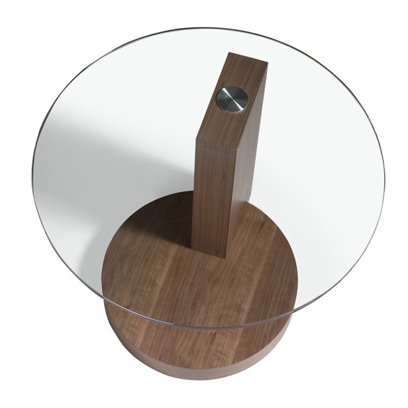 Mesa rincón redonda cristal templado y nogal