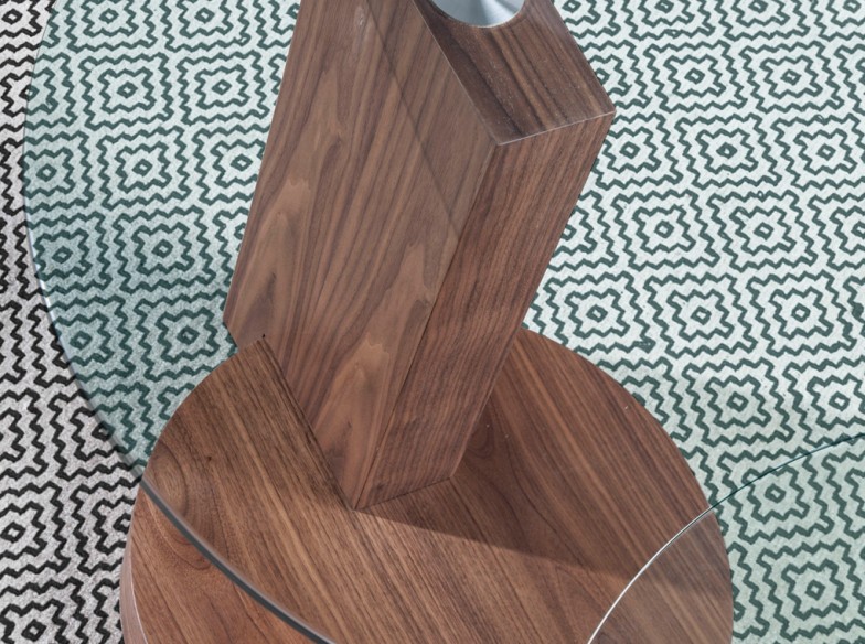 Mesa rincón redonda cristal templado y nogal