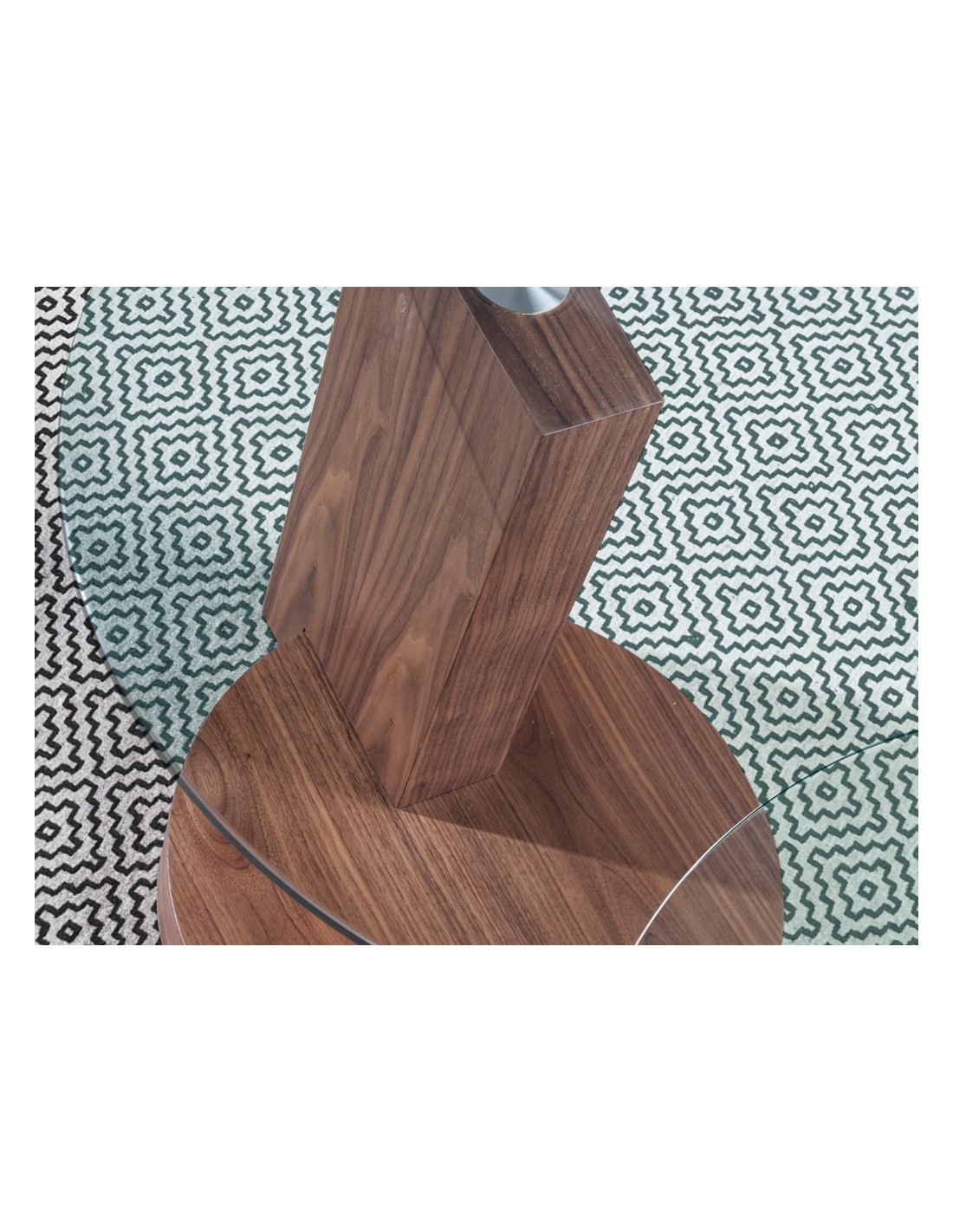 Mesa rincón redonda cristal templado y nogal