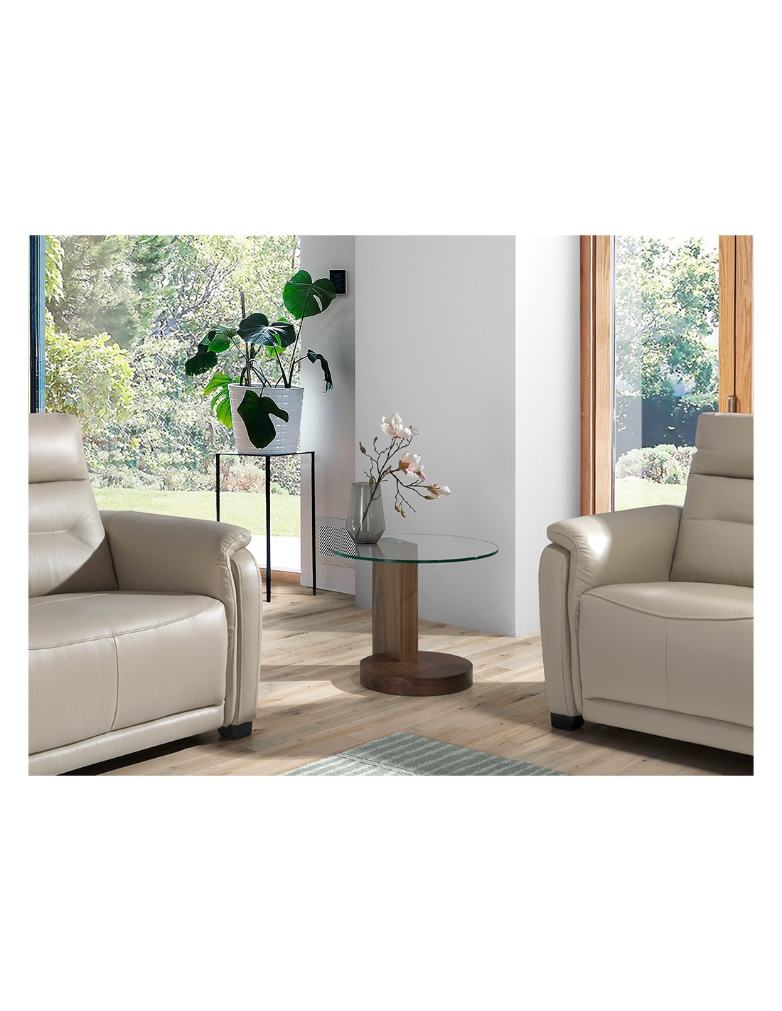 Mesa rincón redonda cristal templado y nogal