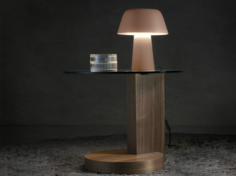 Mesa rincón redonda cristal templado y nogal