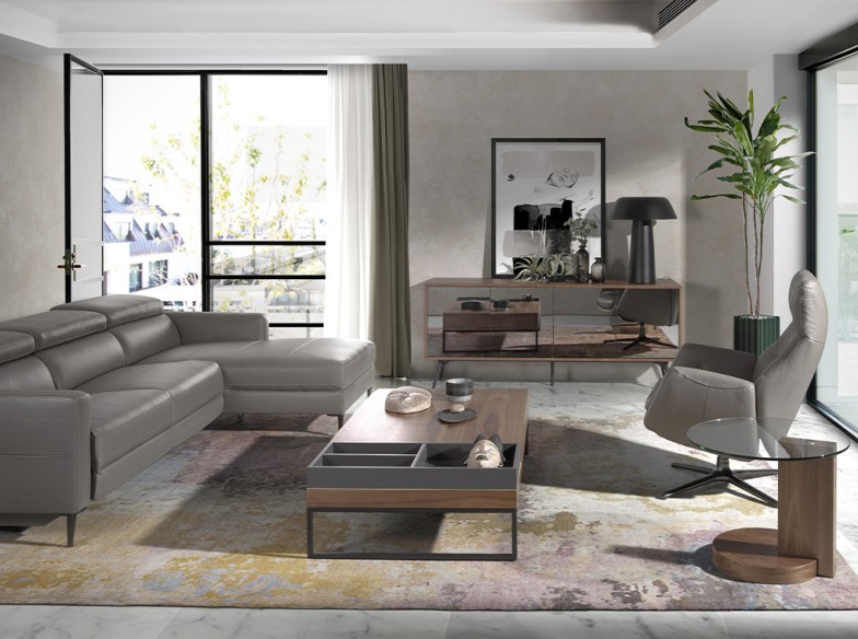 Mesa rincón redonda cristal templado y nogal