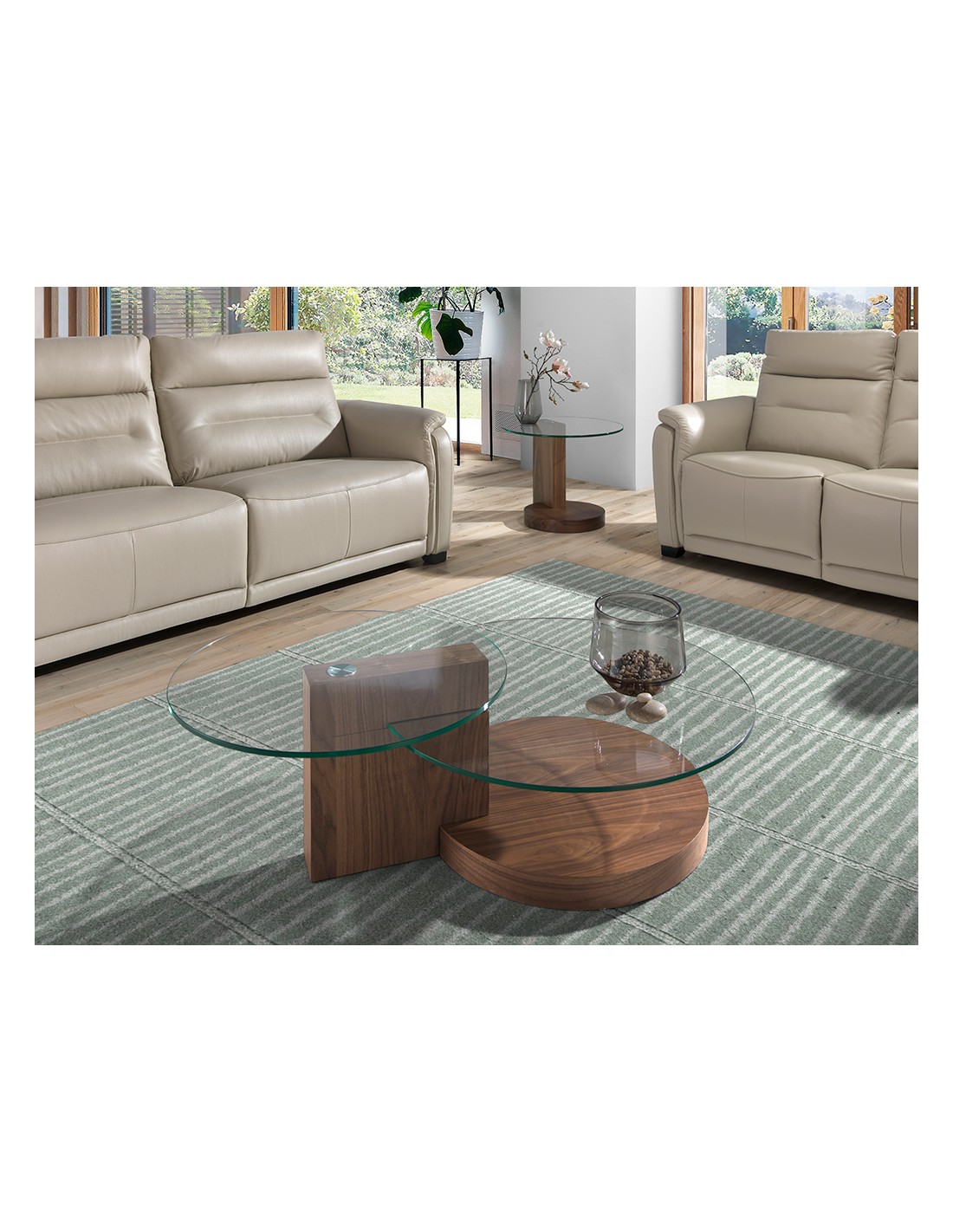 Mesa centro redonda cristal templado y nogal