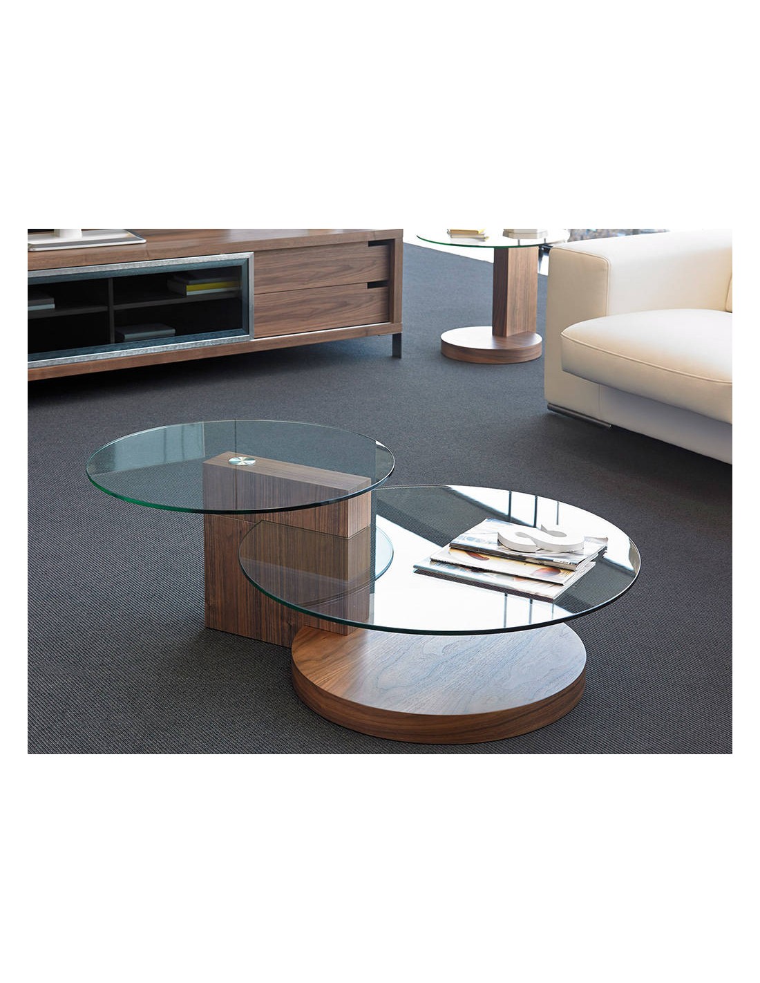 Mesa centro redonda cristal templado y nogal