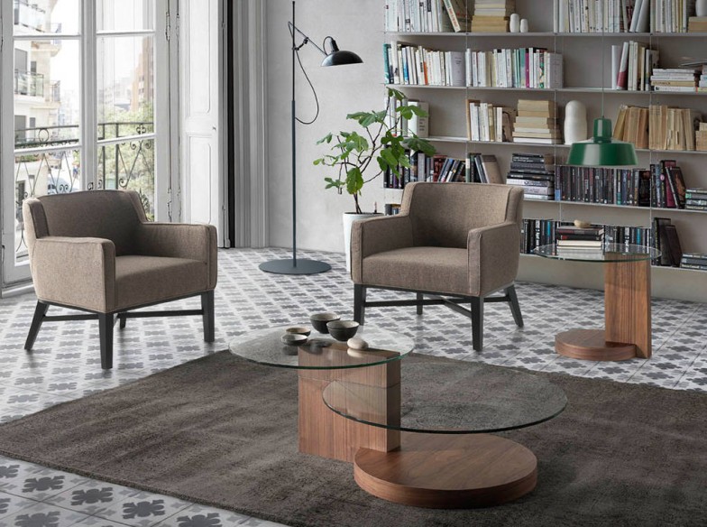 Mesa centro redonda cristal templado y nogal