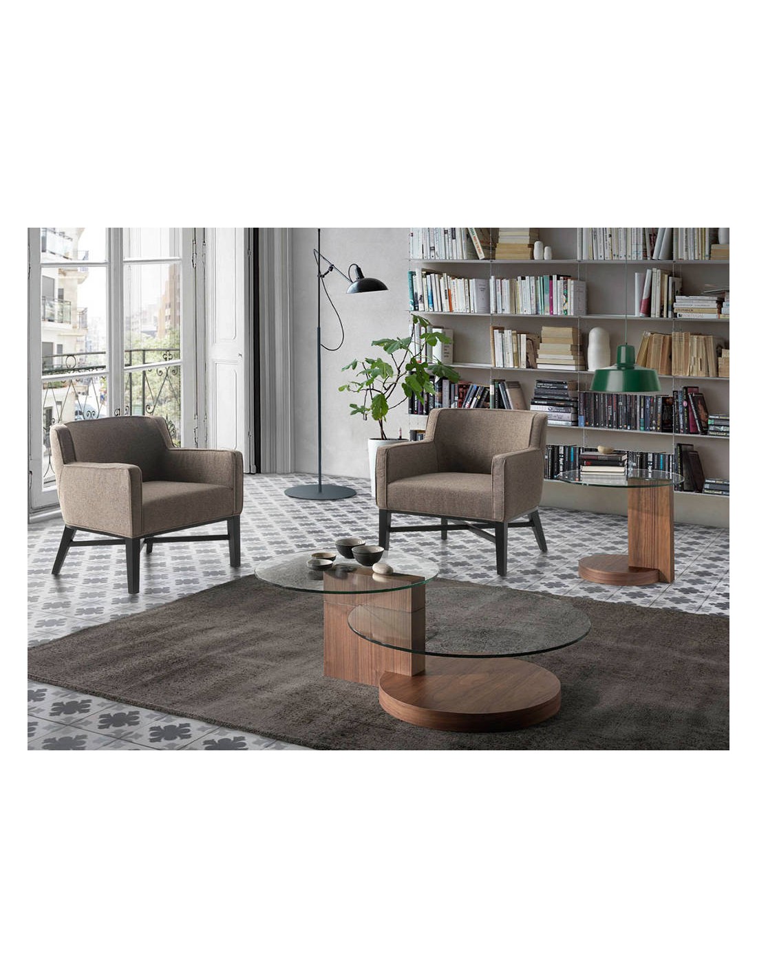 Mesa centro redonda cristal templado y nogal