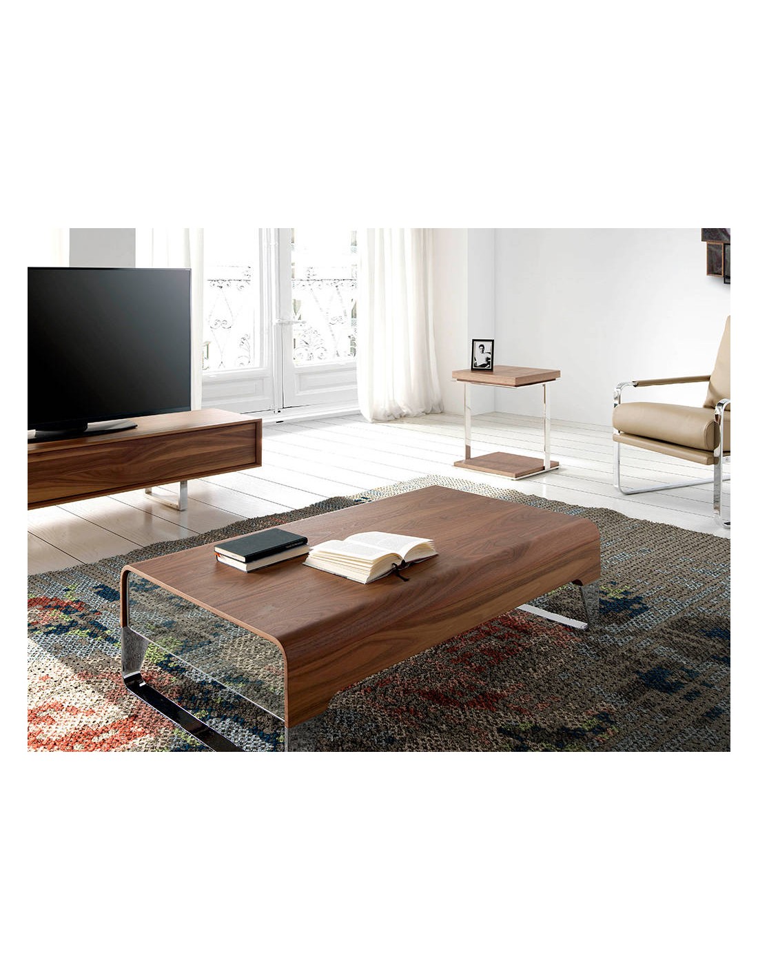 Mesa rincón cuadrada nogal y acero cromado