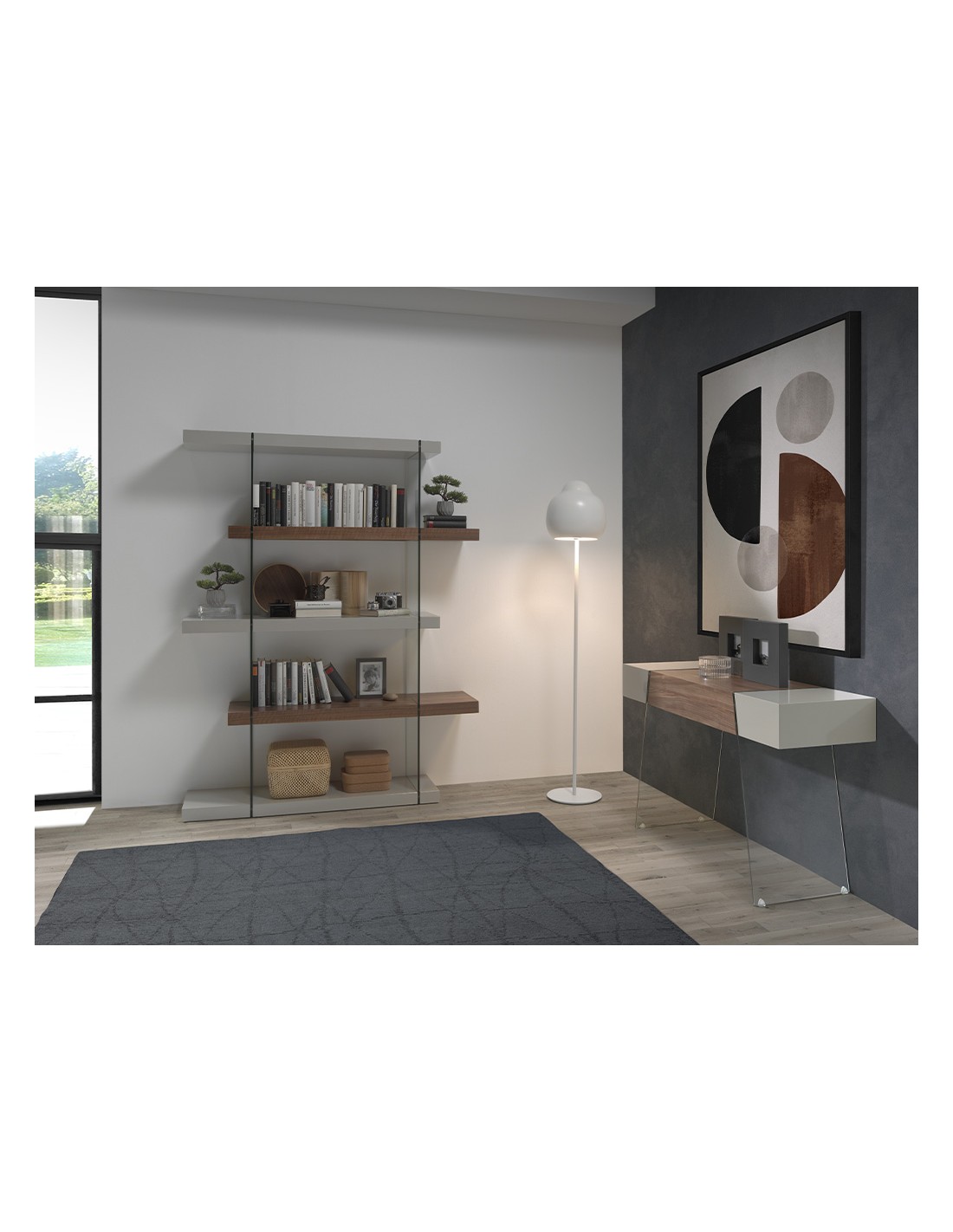 Estantería madera nogal y cristal