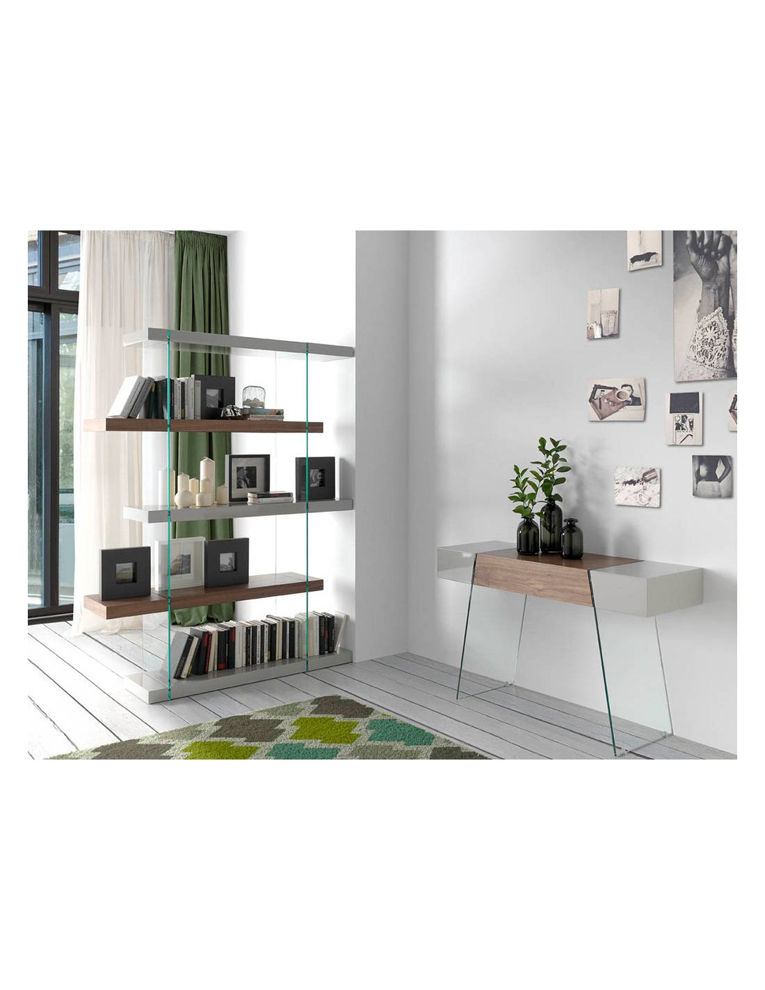 Estantería madera nogal y cristal