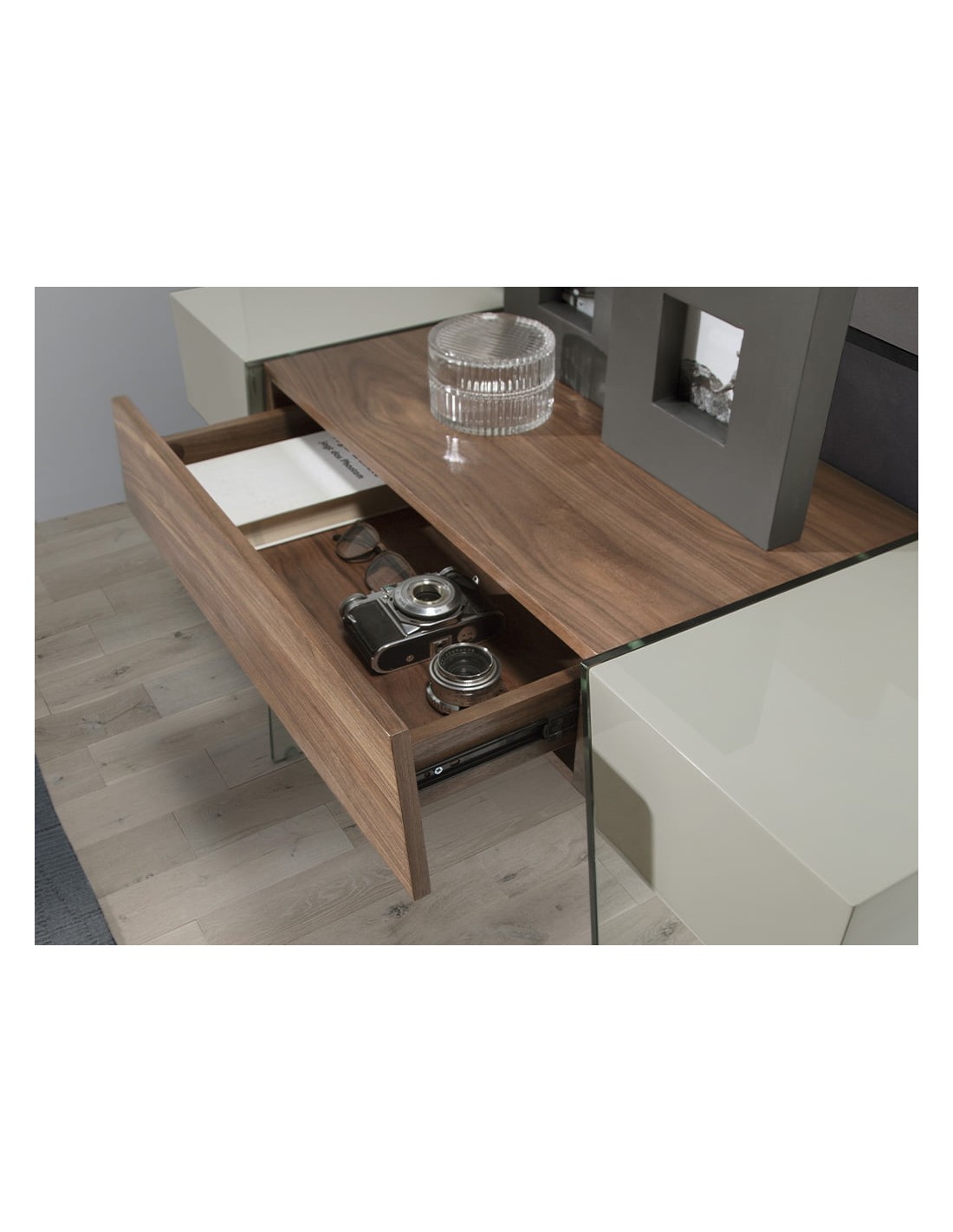 Consola rectangular nogal y cristal templado