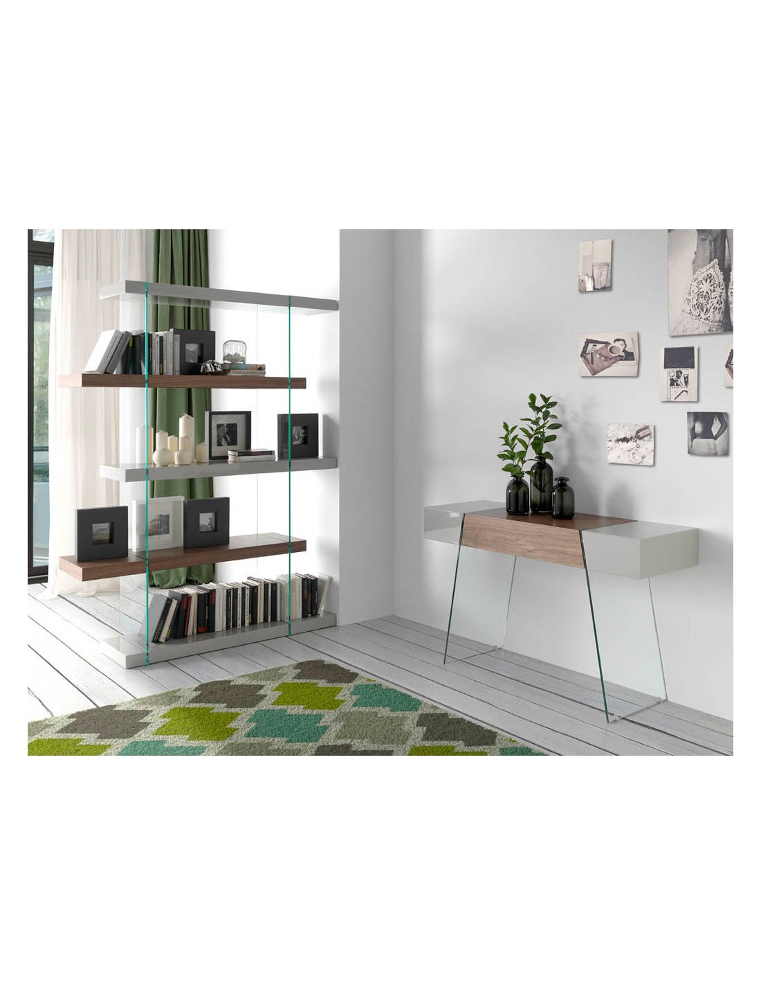 Consola rectangular nogal y cristal templado