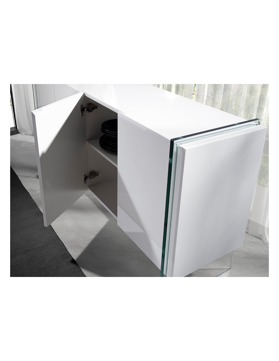 Aparador madera blanco y cristal templado