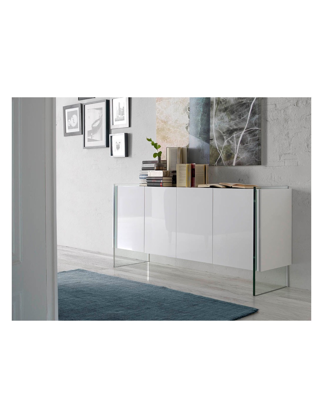 Aparador madera blanco y cristal templado