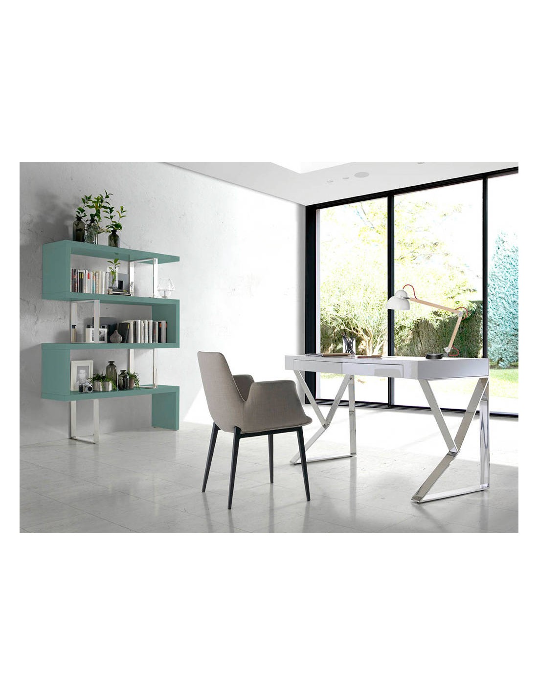 Escritorio madera blanco y acero cromado