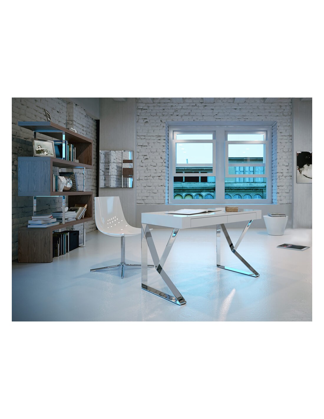 Escritorio madera blanco y acero cromado