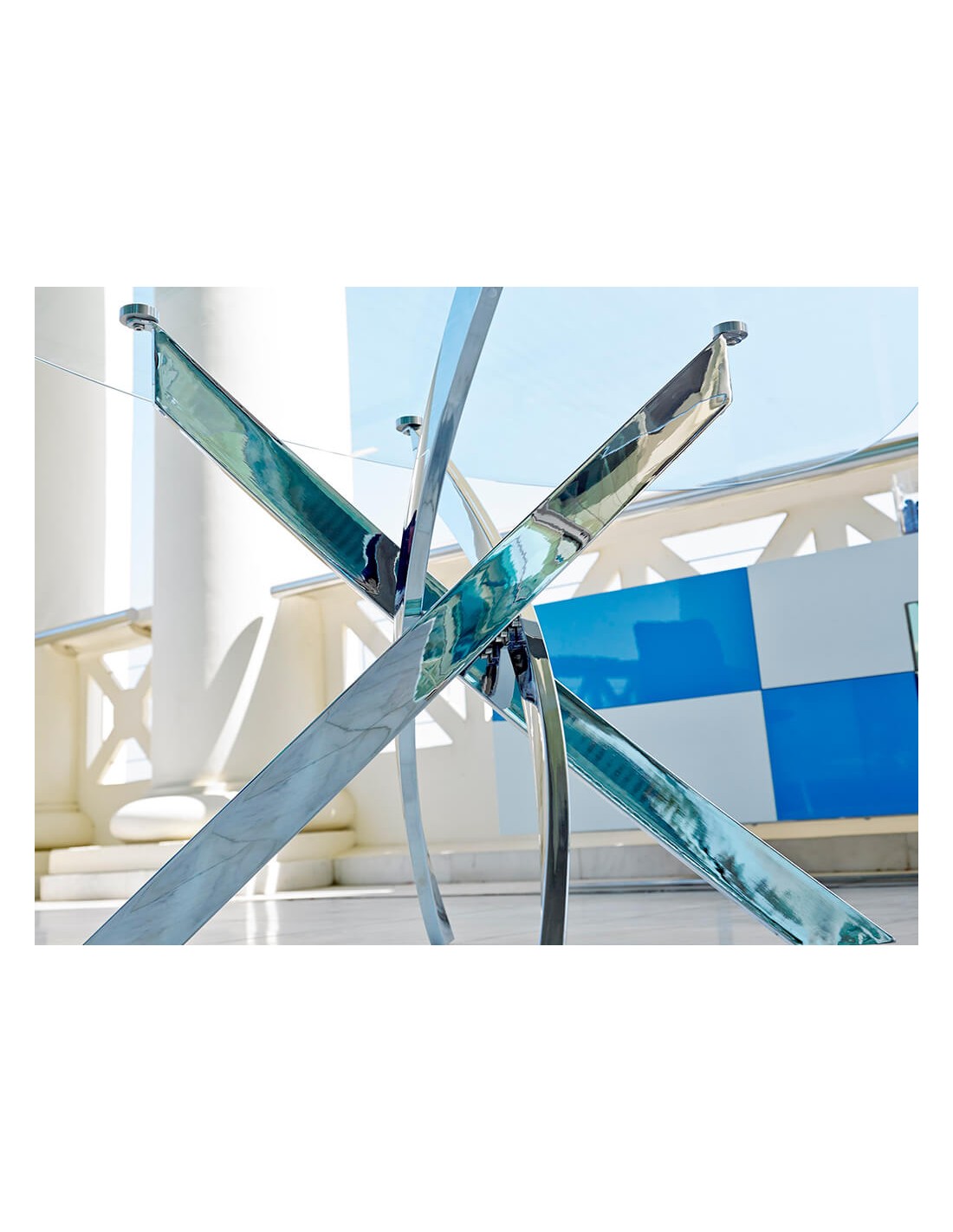 Mesa comedor redonda cristal templado y acero...