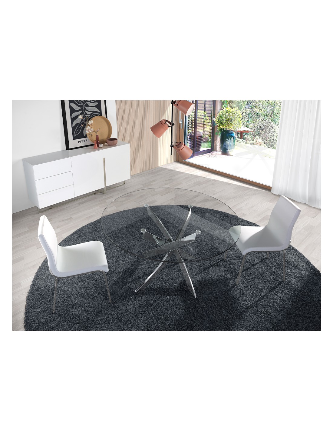 Mesa comedor redonda cristal templado y acero...