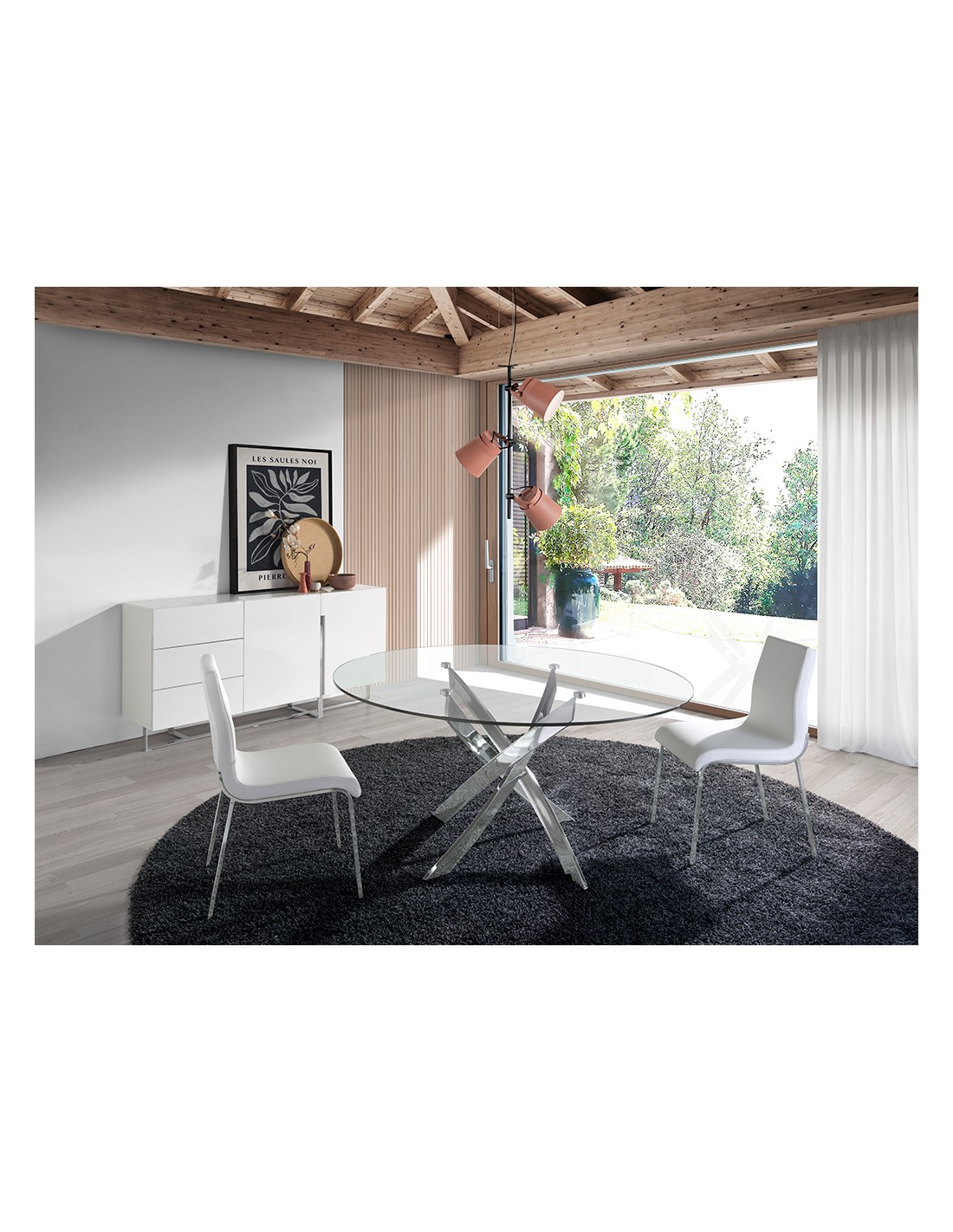 Mesa comedor redonda cristal templado y acero...