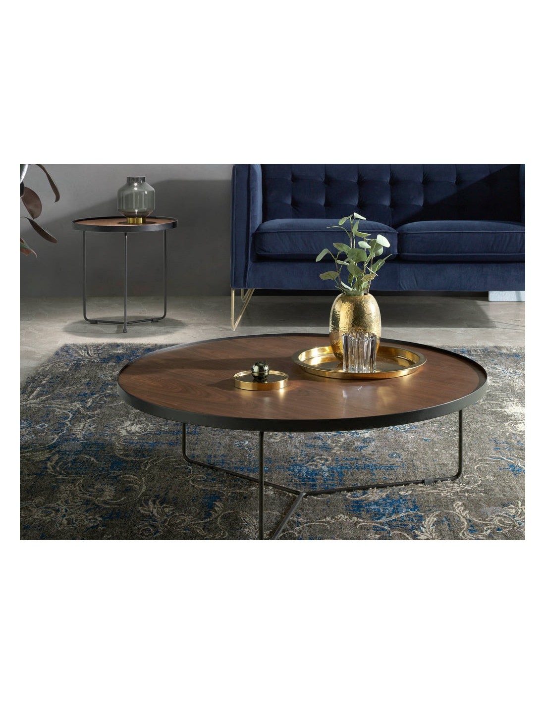 Mesa centro redonda nogal y acero negro