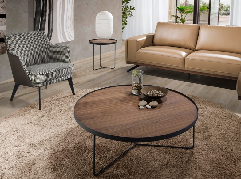 Mesa rincón redonda nogal y acero negro