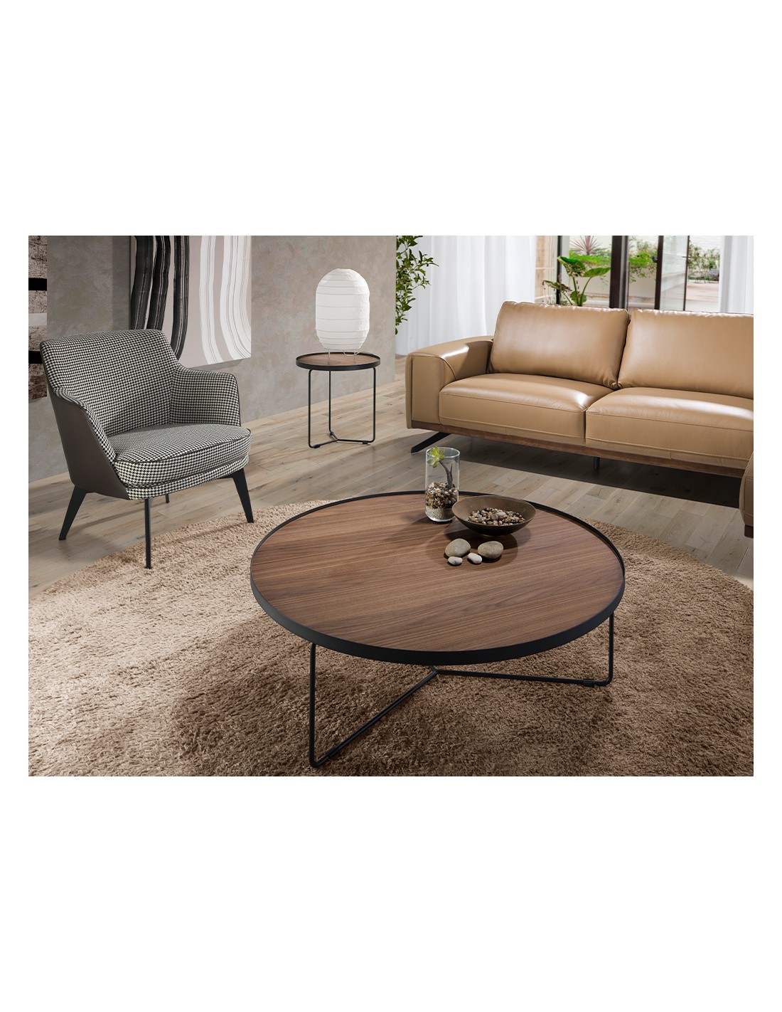 Mesa rincón redonda nogal y acero negro