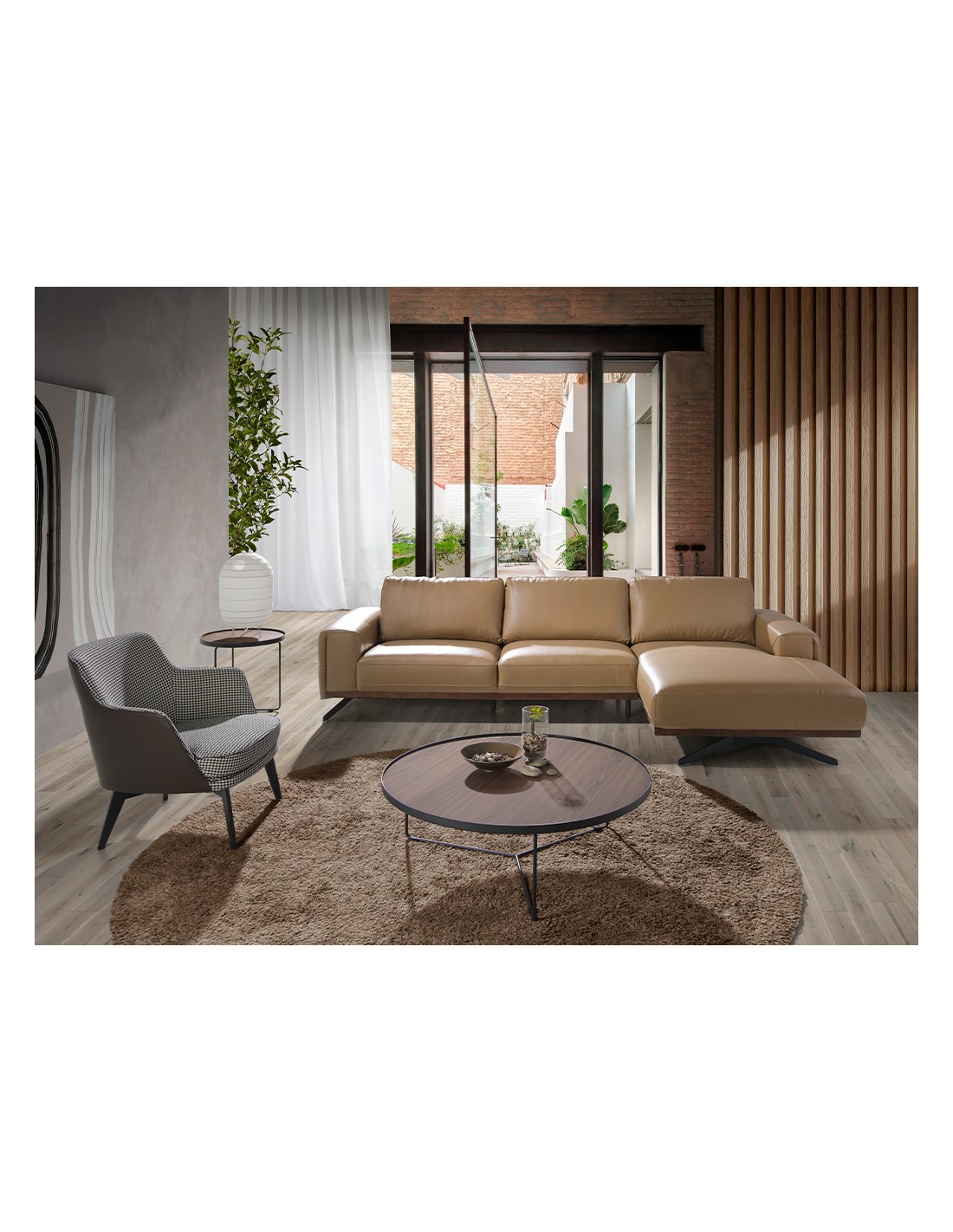 Mesa rincón redonda nogal y acero negro