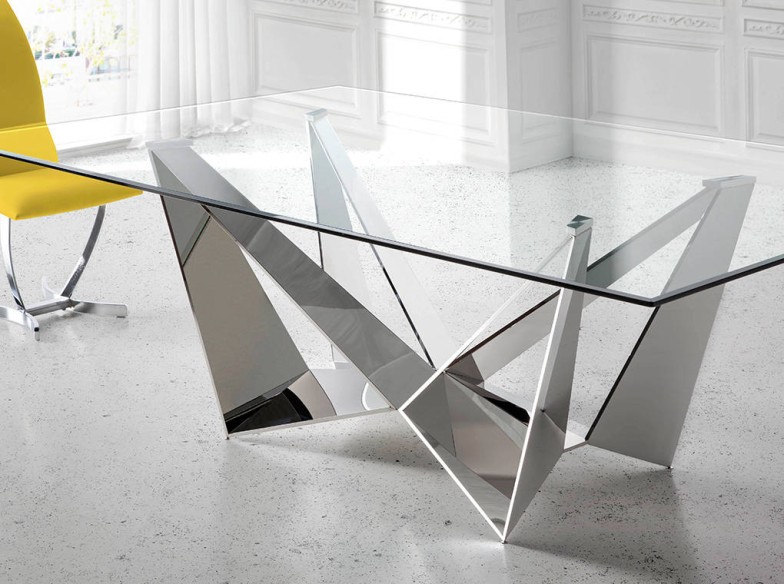 Mesa comedor rectangular cristal templado y acero cromado