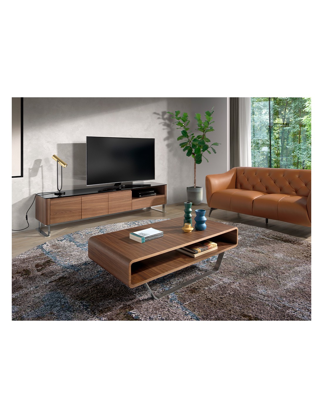 Mesa centro rectangular nogal y acero cromado