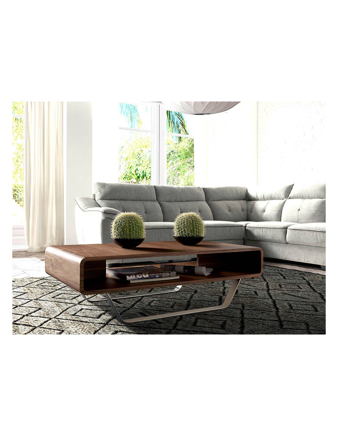 Mesa centro rectangular nogal y acero cromado