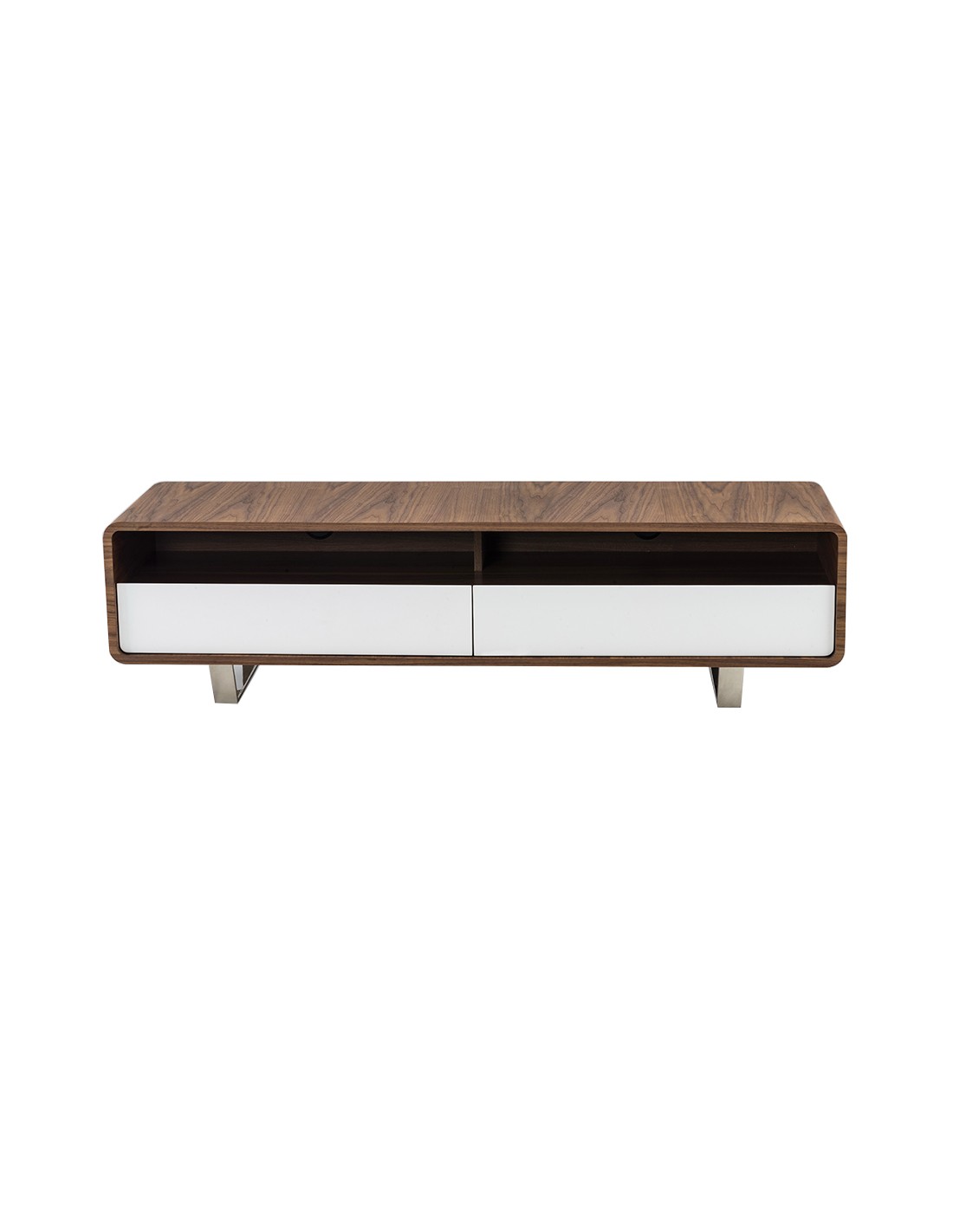 Mueble TV madera blanco, nogal y acero cromado