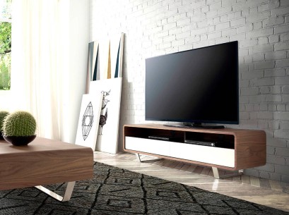 Mueble TV madera blanco, nogal y acero cromado 2