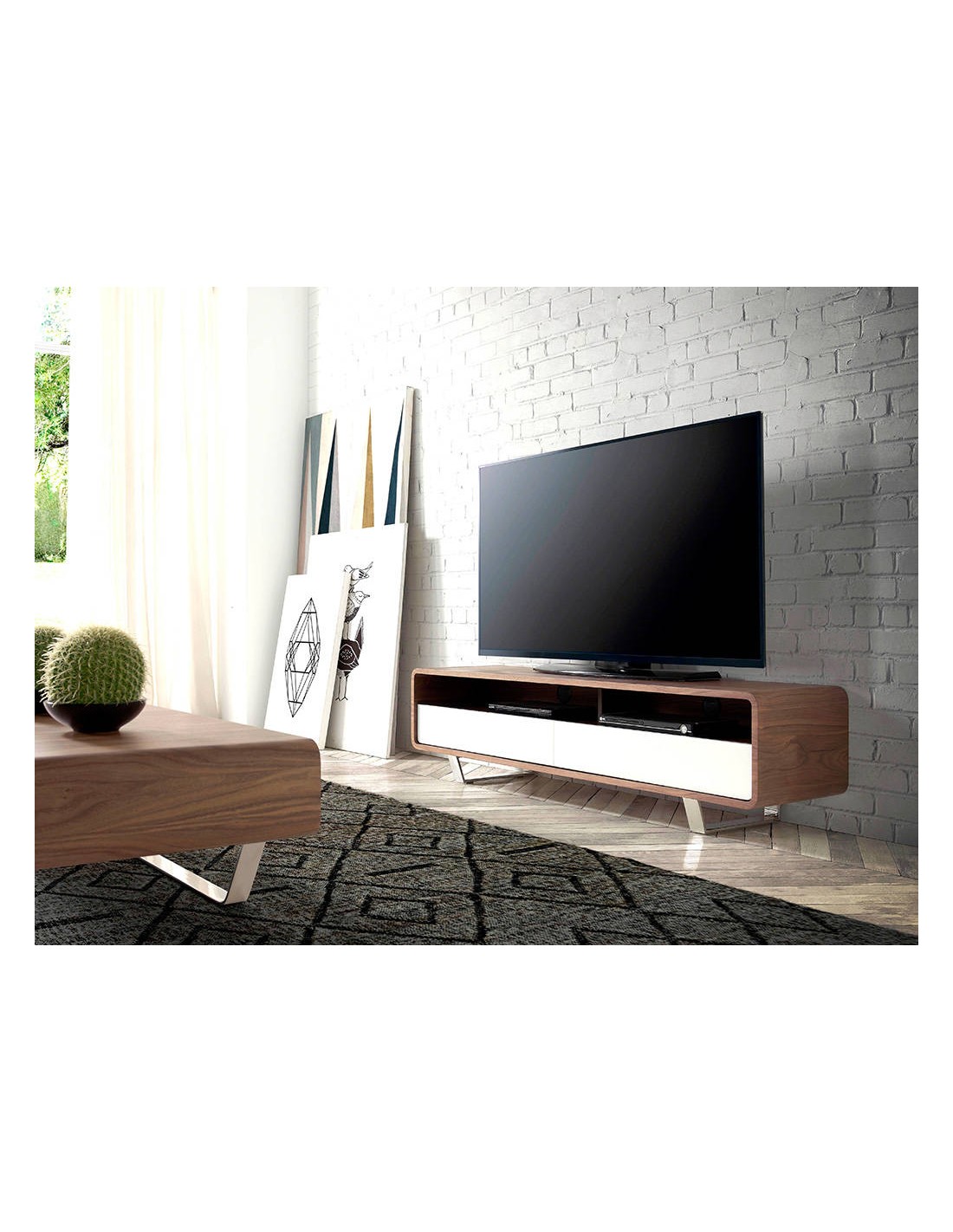 Mueble TV madera blanco, nogal y acero cromado