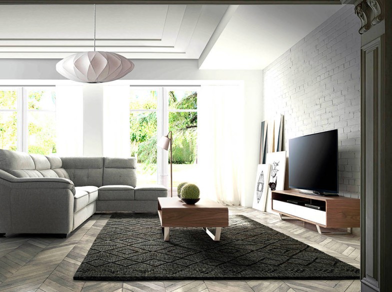 Mueble TV madera blanco, nogal y acero cromado