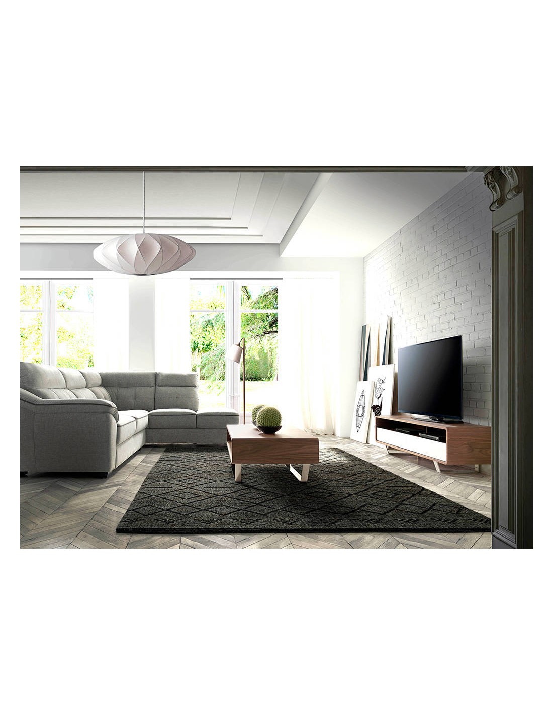Mueble TV madera blanco, nogal y acero cromado