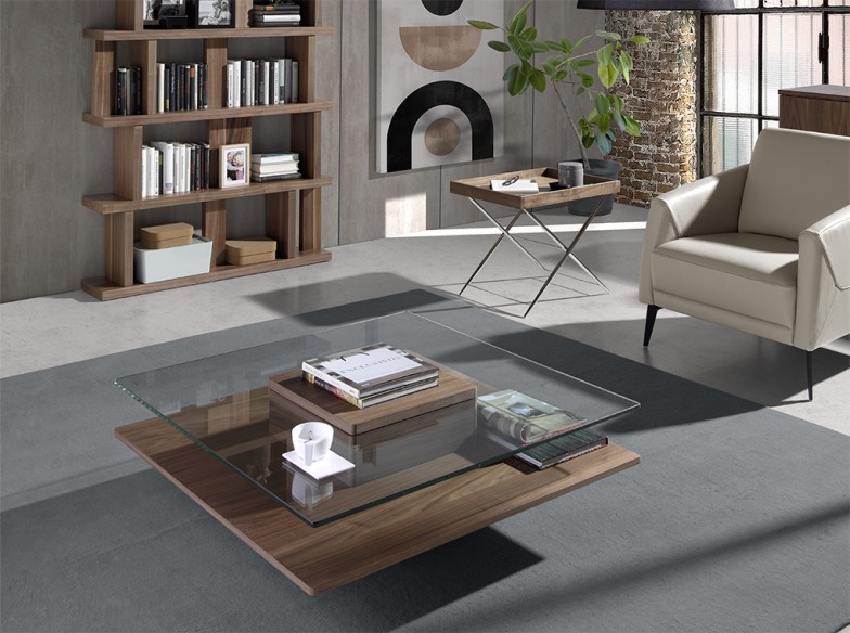 Mesa centro cuadrada cristal templado y nogal