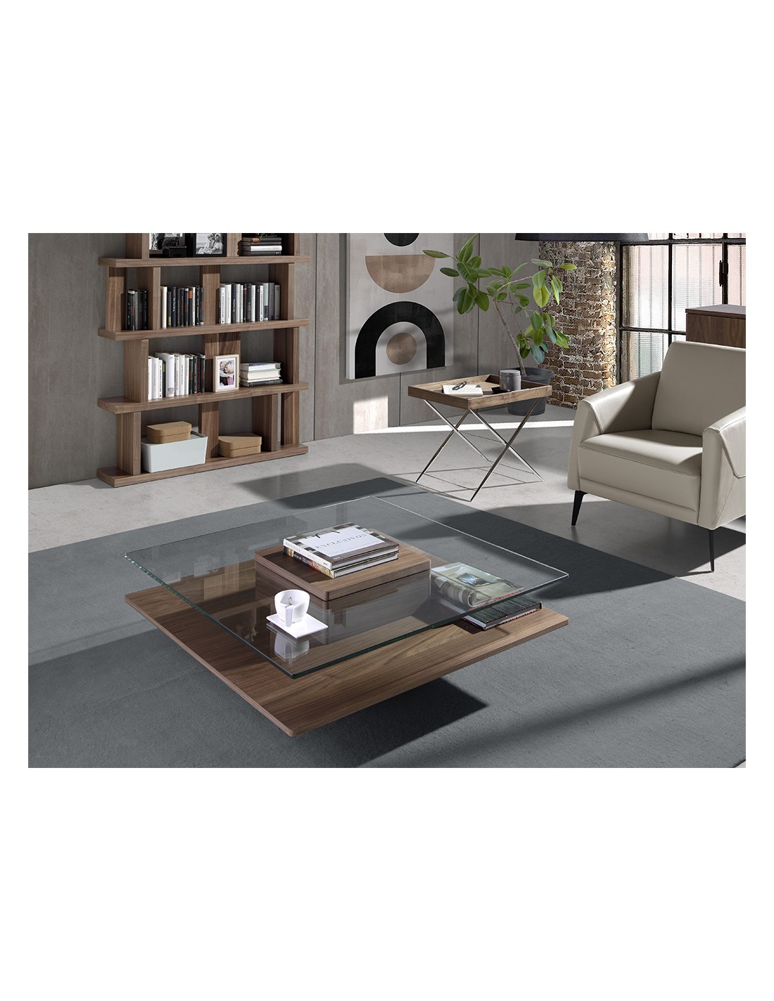 Mesa centro cuadrada cristal templado y nogal