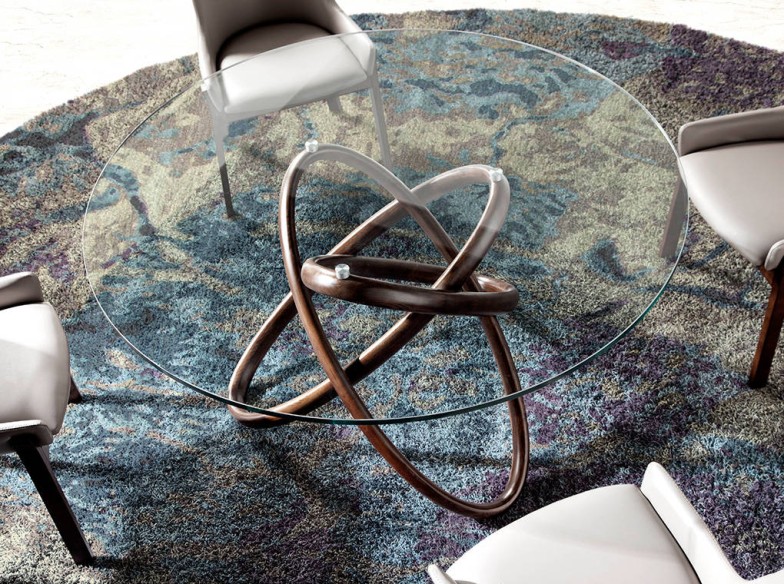 Mesa comedor redonda cristal templado y nogal