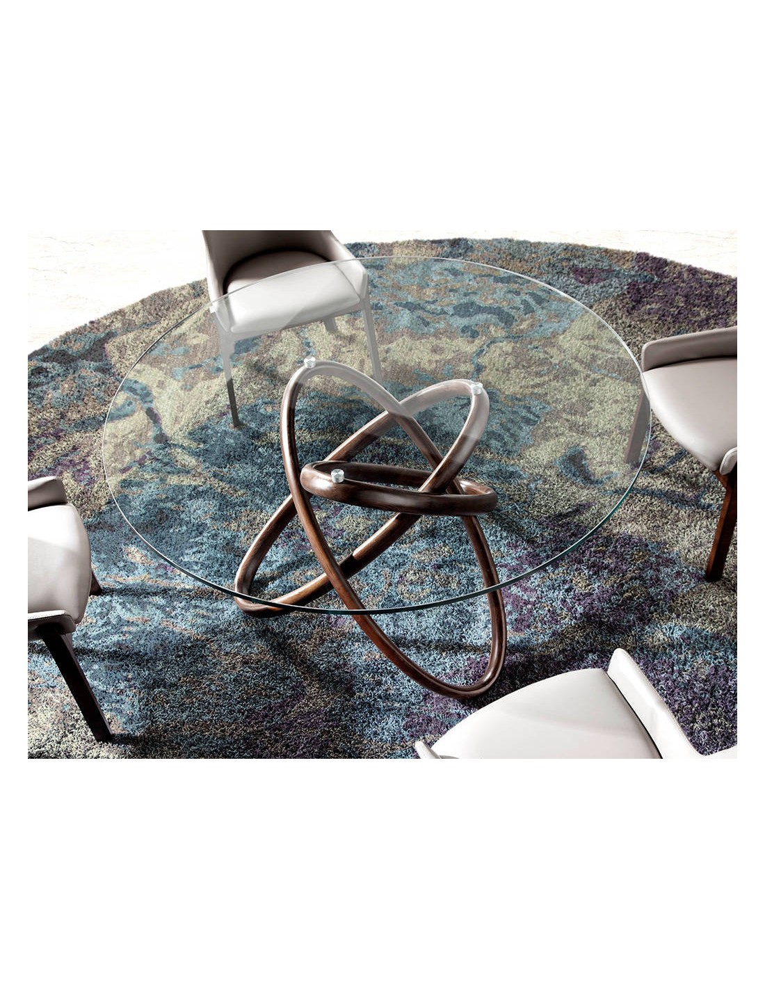 Mesa comedor redonda cristal templado y nogal