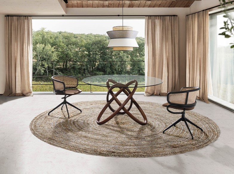 Mesa comedor redonda cristal templado y nogal