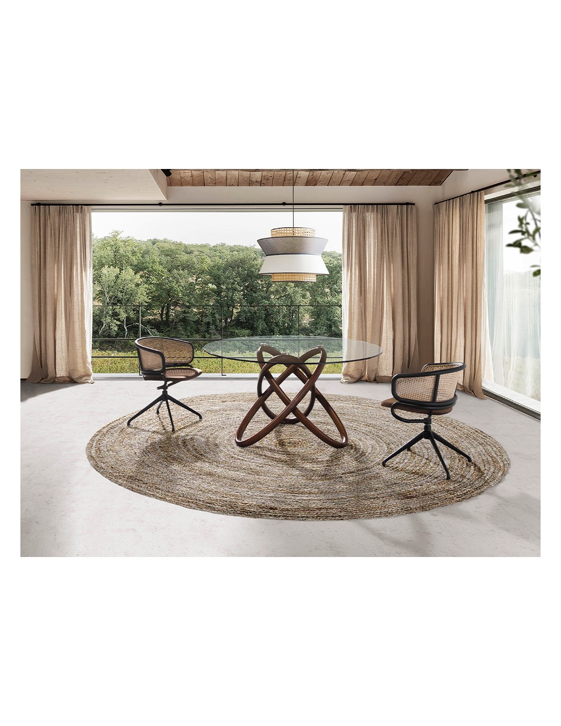 Mesa comedor redonda cristal templado y nogal