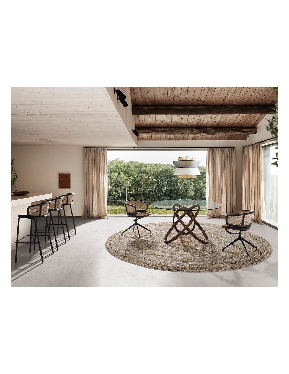 Mesa comedor redonda cristal templado y nogal