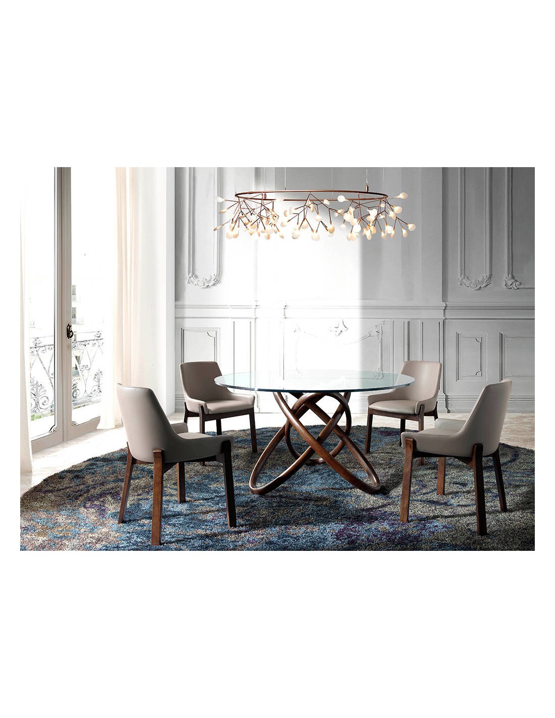 Mesa comedor redonda cristal templado y nogal