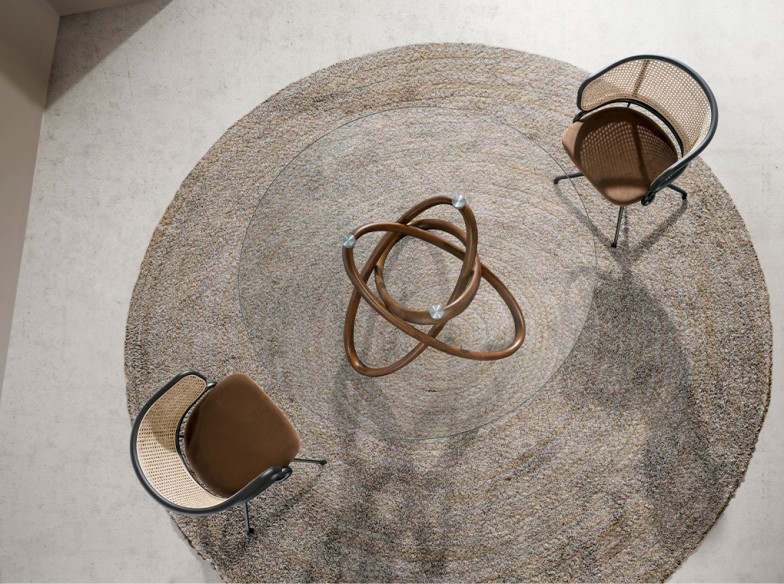 Mesa comedor redonda cristal templado y nogal