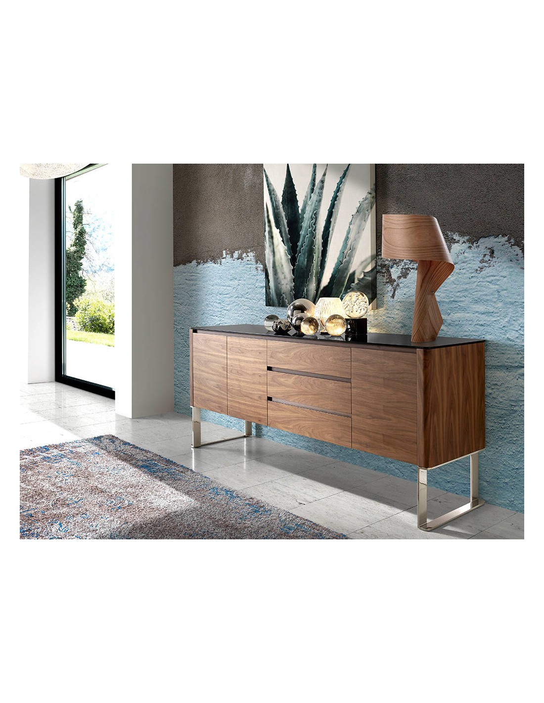Aparador nogal, acero cromado y tapa de cristal...