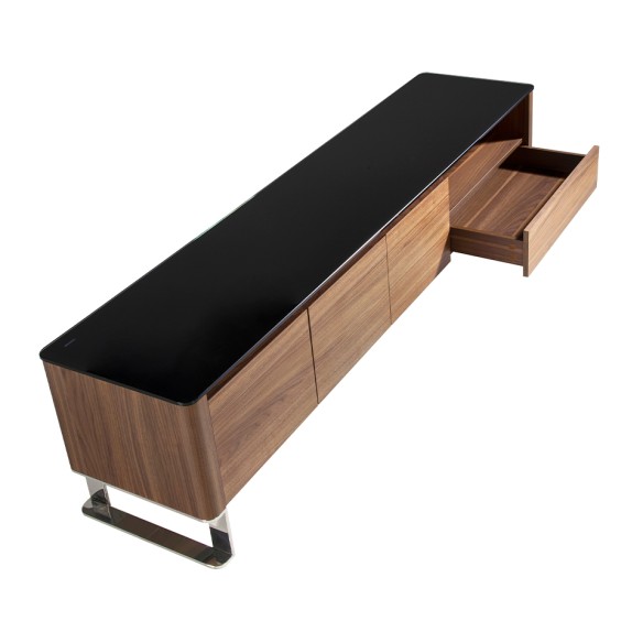 Mueble TV nogal, acero cromado y tapa de cristal negro