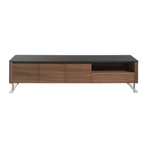 Mueble TV nogal, acero cromado y tapa de cristal negro