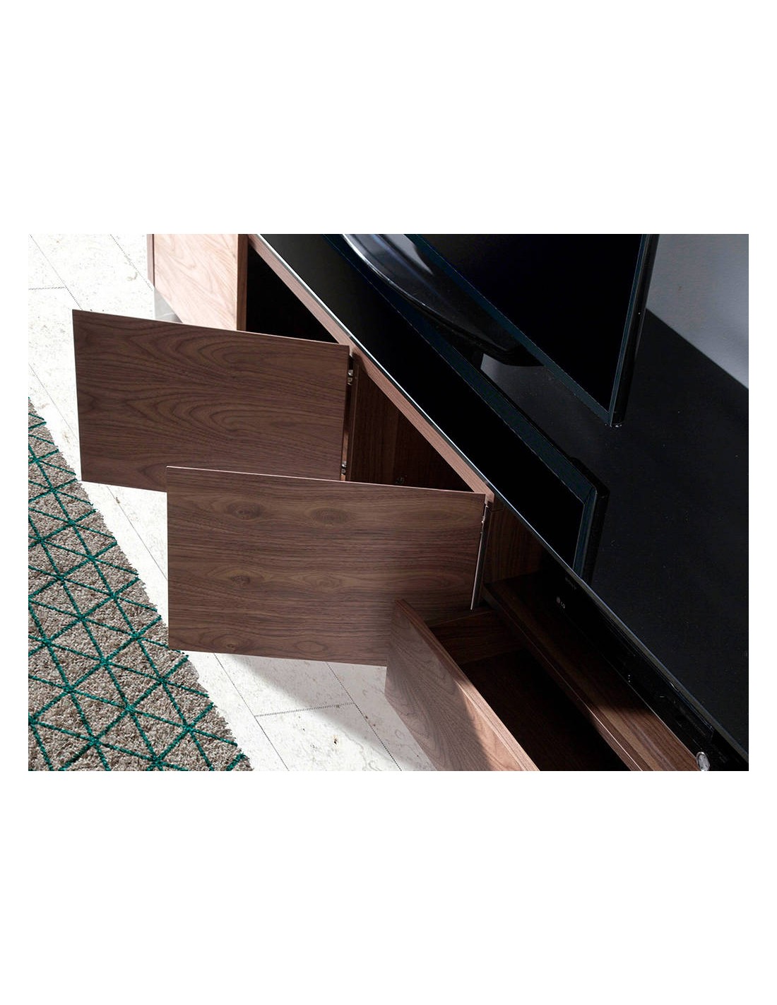 Mueble TV nogal, acero cromado y tapa de...