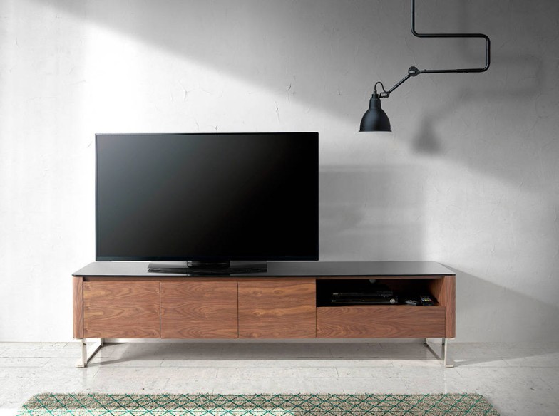Mueble TV nogal, acero cromado y tapa de cristal negro