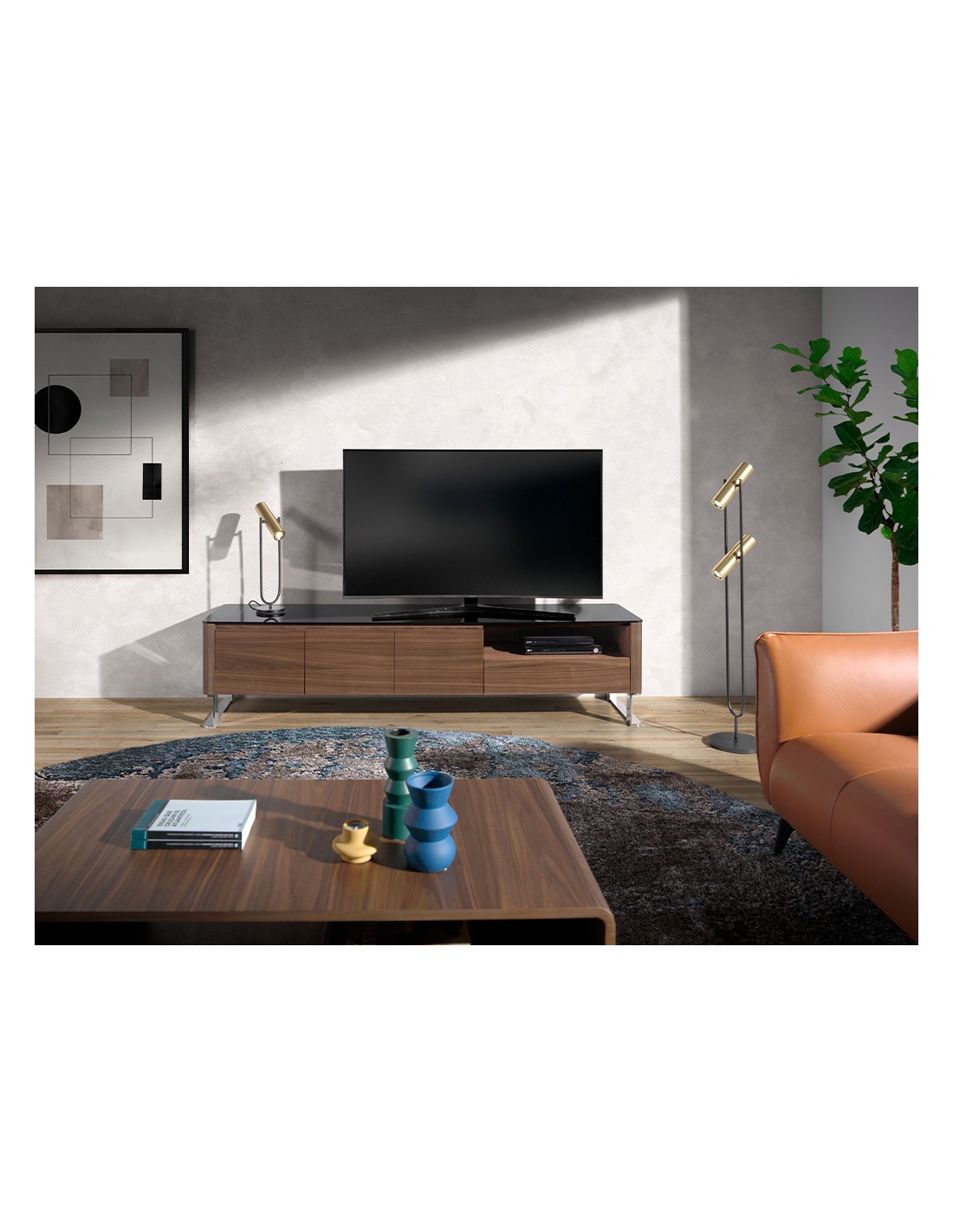 Mueble TV nogal, acero cromado y tapa de...