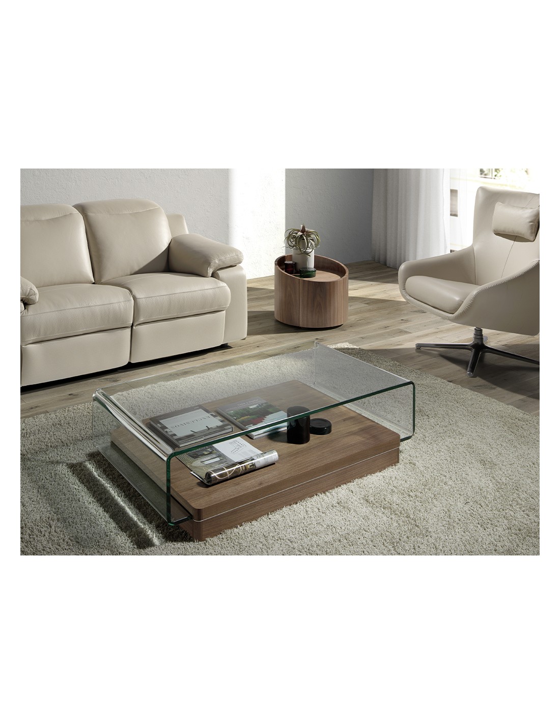 Mesa centro rectangular cristal templado y nogal